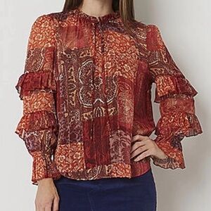 Frye and Co Patchwork Floral Combo Long Ruffled Sleeve Blouse Top Size Small